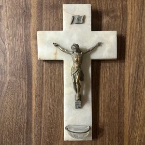 Antique Marble Crucifix Holy Water Font